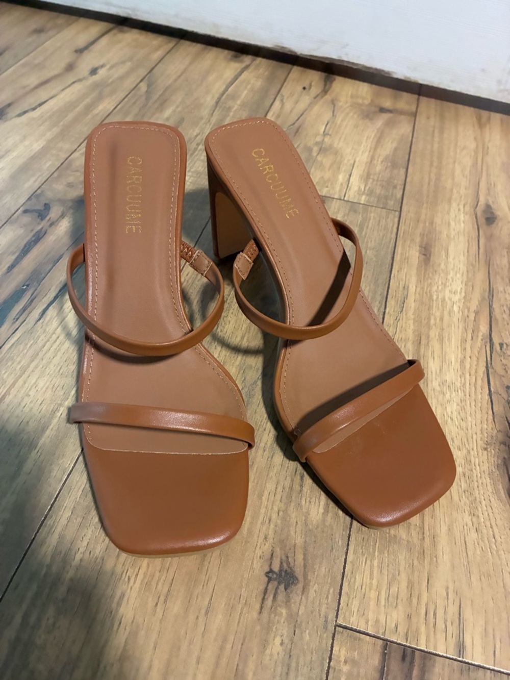 Minimalist Tan Square-Toe Strappy Heel